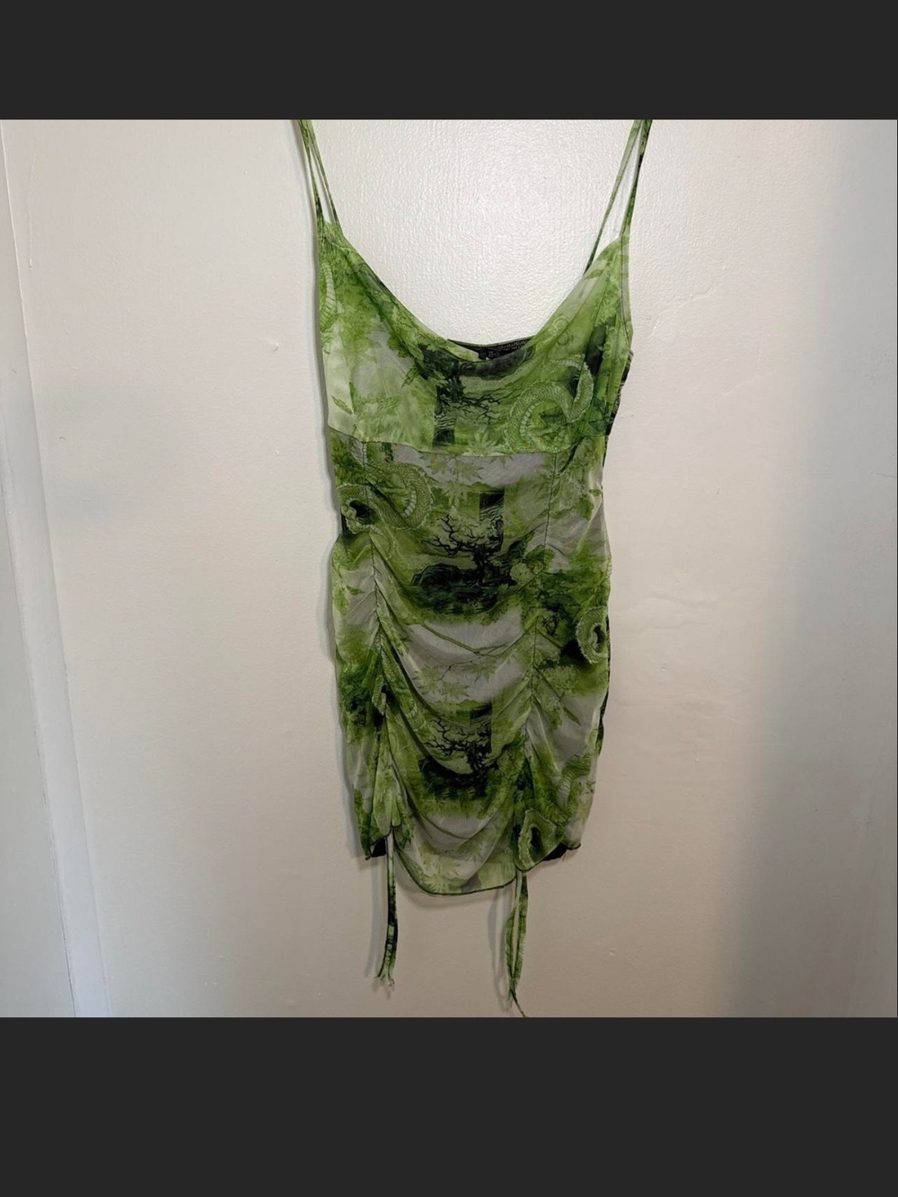 PrettyLittleThing Green Tie-Dye Ruched Mesh Mini Dress. Size 8